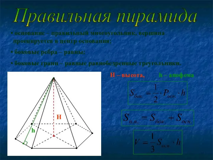 Правильная пирамида основание – правильный многоугольник, вершина проецируется в центр основания;