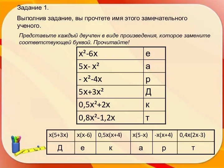 Задание 1. Выполнив задание, вы прочтете имя этого замечательного ученого. Представьте