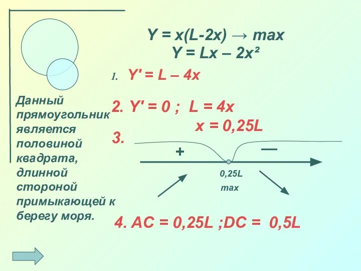 Y = x(L-2x) → max Y′ = L – 4x 0,25L