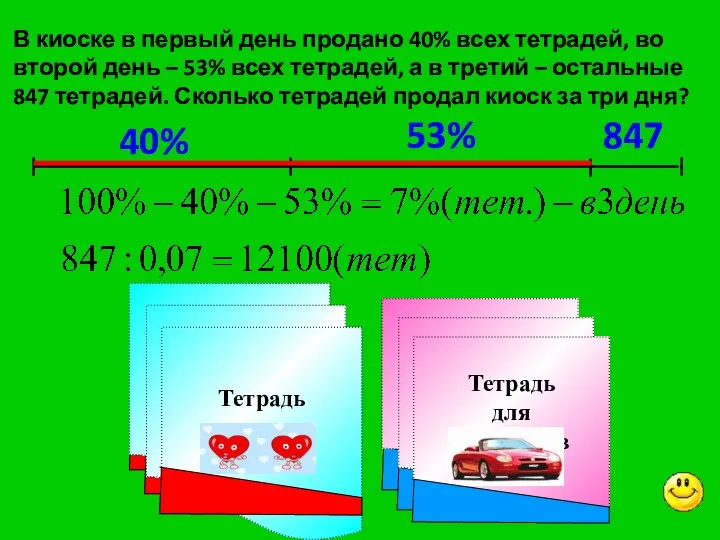 847 В киоске в первый день продано 40% всех тетрадей, во