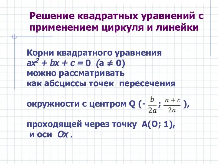 Решение квадратных уравнений с применением циркуля и линейки Корни квадратного уравнения