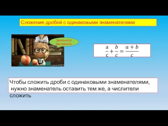 Сложение дробей с одинаковыми знаменателями Чтобы сложить дроби с одинаковыми знаменателями,