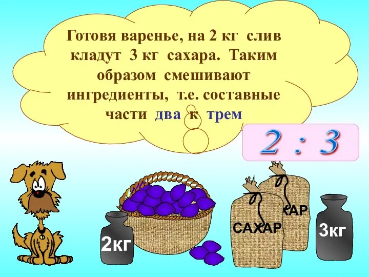 Готовя варенье, на 2 кг слив кладут 3 кг сахара. Таким