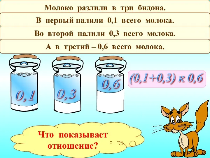 Молоко разлили в три бидона. В первый налили 0,1 всего молока.