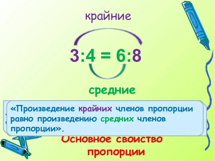 3:4 = 6:8 средние Основное свойство пропорции крайние «Произведение … членов