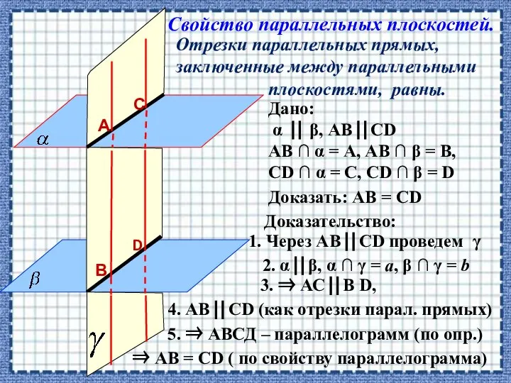 Отрезки параллельных прямых, заключенные между параллельными плоскостями, равны. Свойство параллельных плоскостей.