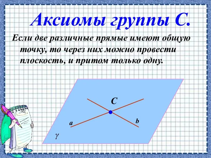 Аксиомы группы С. Если две различные прямые имеют общую точку, то