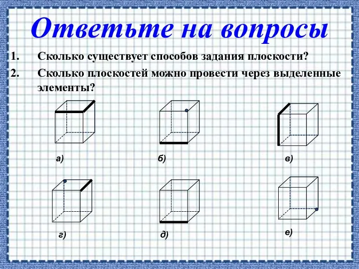 Сколько существует способов задания плоскости? Сколько плоскостей можно провести через выделенные