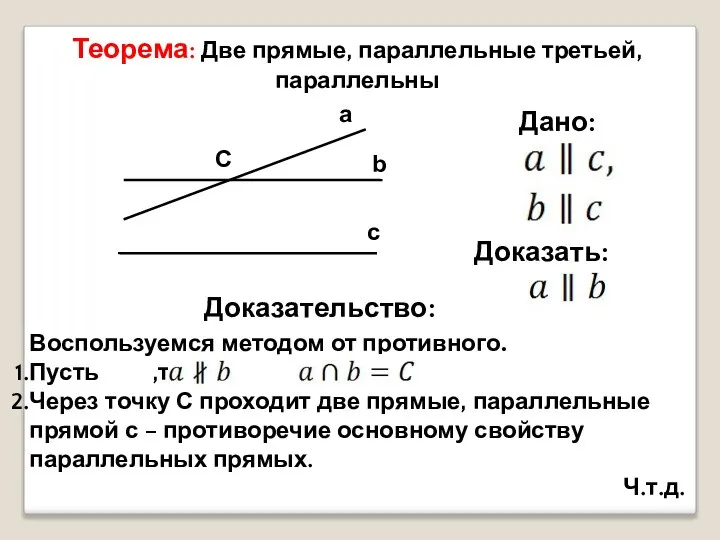 Теорема: Две прямые, параллельные третьей, параллельны a b c C Дано: