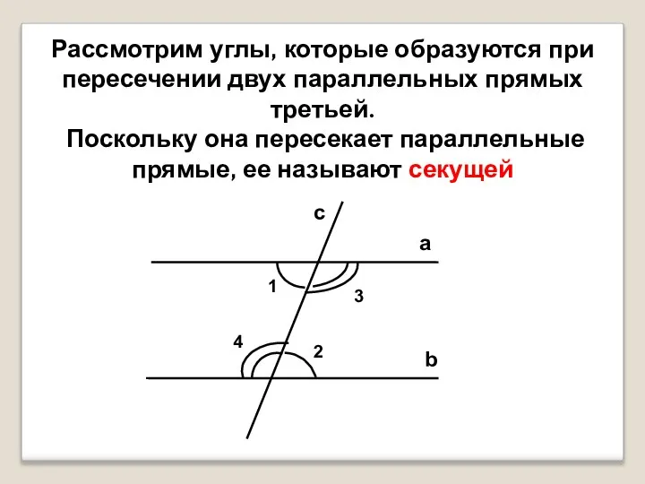 Рассмотрим углы, которые образуются при пересечении двух параллельных прямых третьей. Поскольку