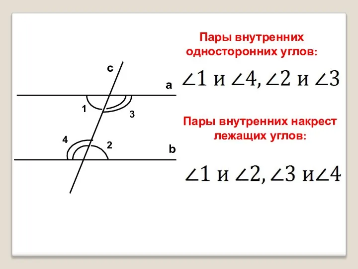 a b c 1 4 3 2 Пары внутренних односторонних углов: Пары внутренних накрест лежащих углов: