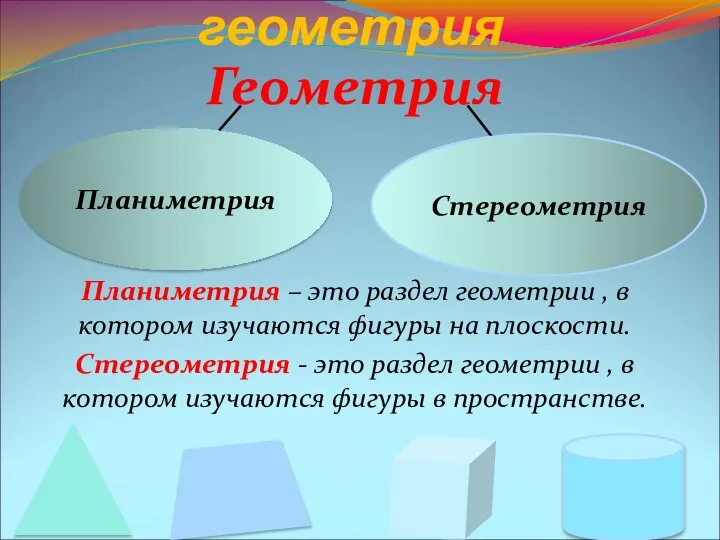 Евклидова геометрия Геометрия Планиметрия – это раздел геометрии , в котором