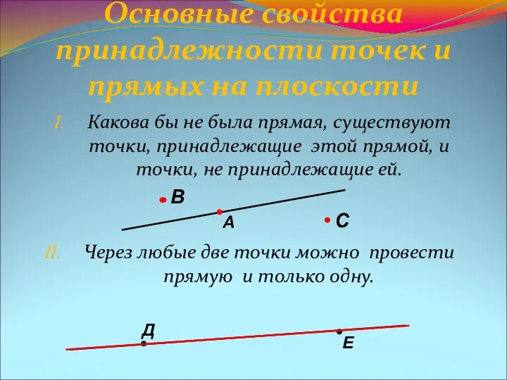 Основные свойства принадлежности точек и прямых на плоскости Какова бы не