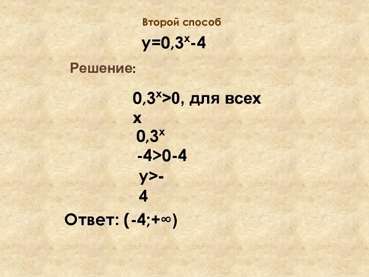 Решение: у=0,3х-4 0,3х>0, для всех х 0,3х -4>0-4 у>-4 Ответ: (-4;+∞) Второй способ