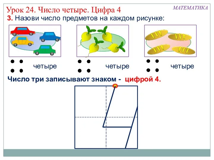 МАТЕМАТИКА 3. Назови число предметов на каждом рисунке: четыре Число три