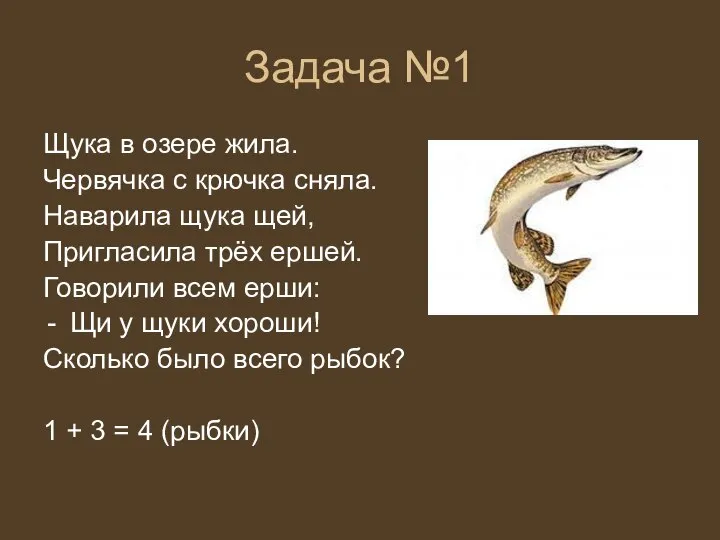 Задача №1 Щука в озере жила. Червячка с крючка сняла. Наварила