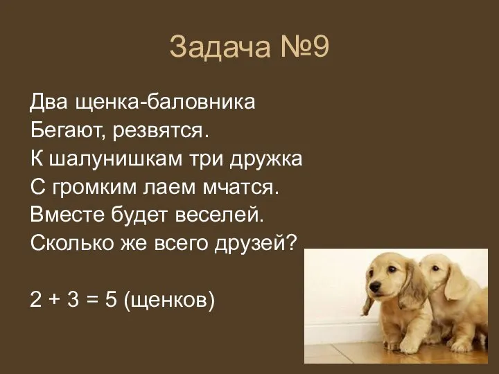 Задача №9 Два щенка-баловника Бегают, резвятся. К шалунишкам три дружка С