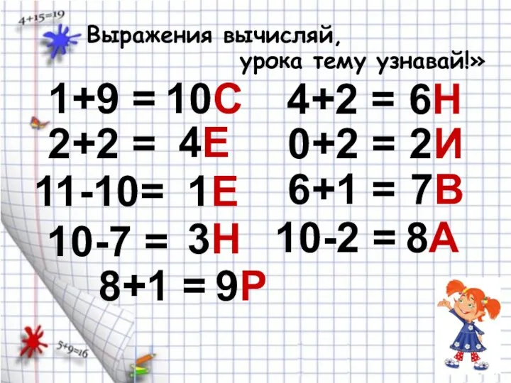 1+9 = Выражения вычисляй, урока тему узнавай!» 10С 2+2 = 4Е