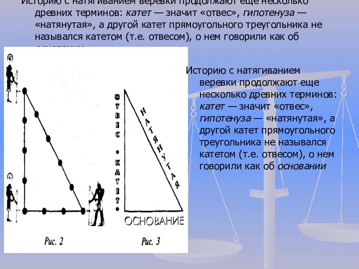 Историю с натягиванием веревки продолжают еще несколько древних терминов: катет —