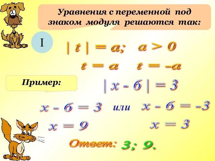 Уравнения с переменной под знаком модуля решаются так: I | t