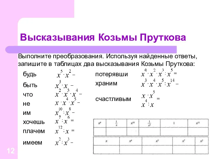 Высказывания Козьмы Пруткова Выполните преобразования. Используя найденные ответы, запишите в таблицах