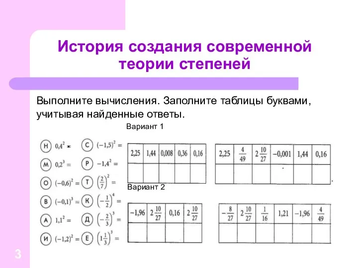 История создания современной теории степеней Выполните вычисления. Заполните таблицы буквами, учитывая