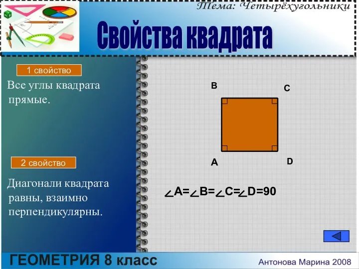 A B C D A= B= C= D=90 Свойства квадрата Все