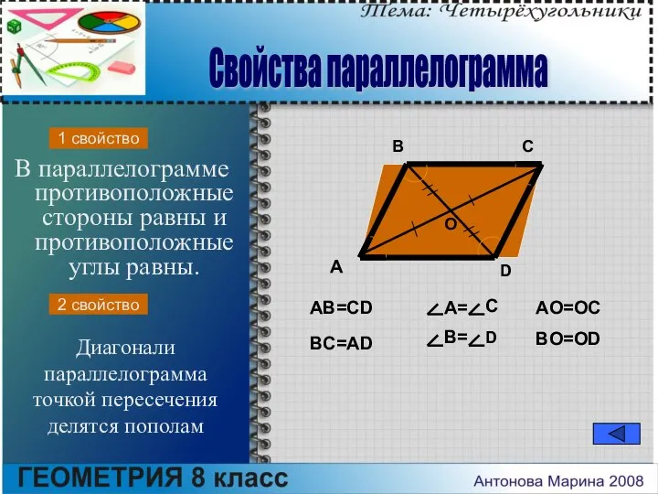 В параллелограмме противоположные стороны равны и противоположные углы равны. A B