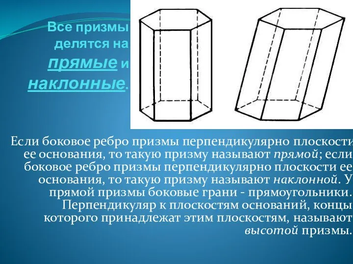 Все призмы делятся на прямые и наклонные. Если боковое ребро призмы