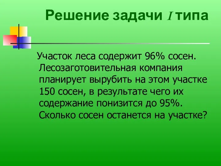 Решение задачи I типа Участок леса содержит 96% сосен. Лесозаготовительная компания