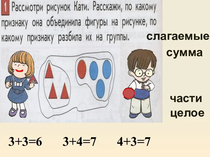 3+3=6 3+4=7 4+3=7 части целое сумма слагаемые