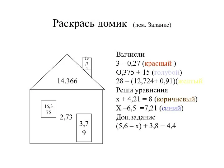 Раскрась домик (дом. Задание) Вычисли 3 – 0,27 (красный ) О,375