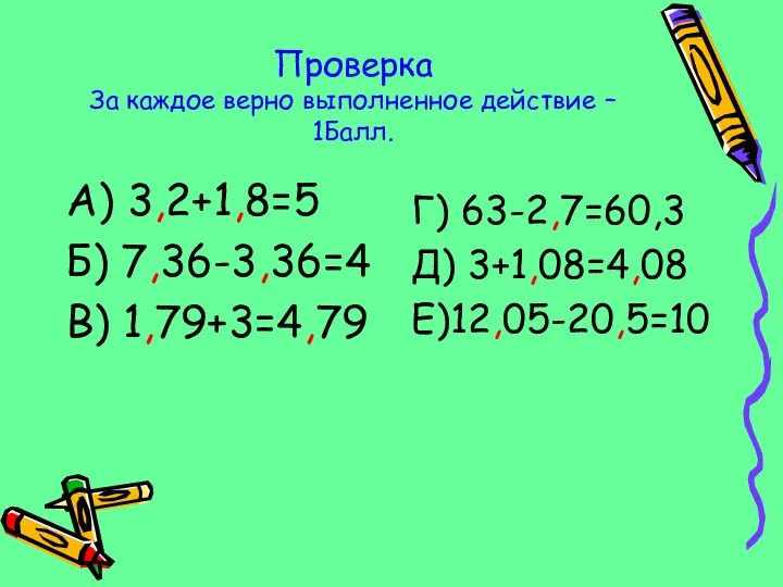 Проверка За каждое верно выполненное действие – 1Балл. А) 3,2+1,8=5 Б)