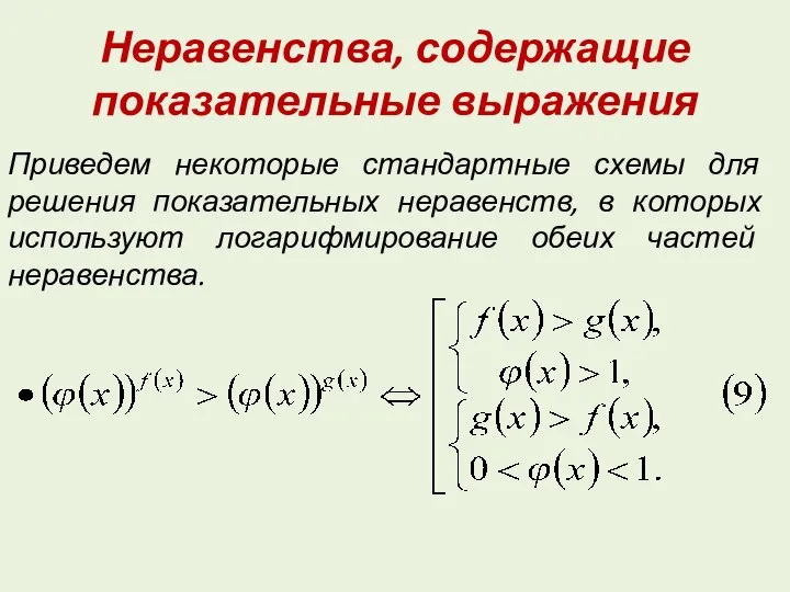 Неравенства, содержащие показательные выражения Приведем некоторые стандартные схемы для решения показательных