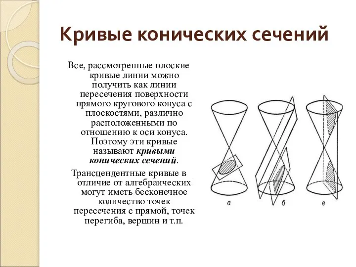 Кривые конических сечений Все, рассмотренные плоские кривые линии можно получить как