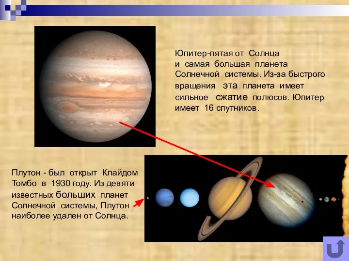 Юпитер-пятая от Солнца и самая большая планета Солнечной системы. Из-за быстрого