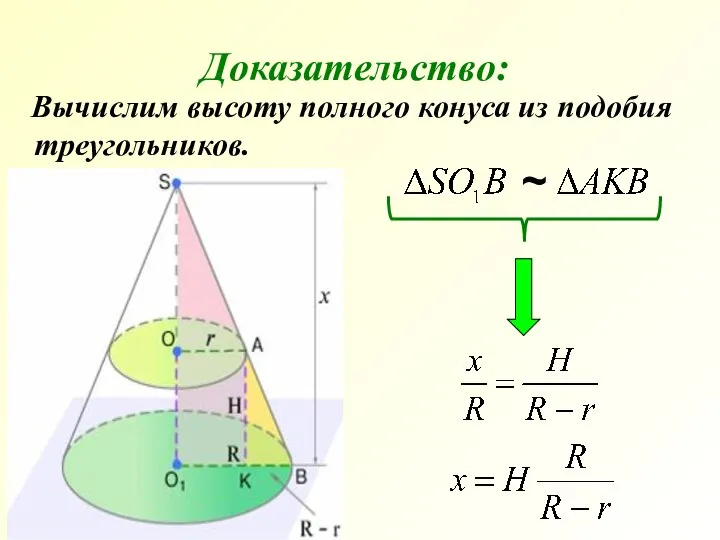 Вычислим высоту полного конуса из подобия треугольников. Доказательство: ~