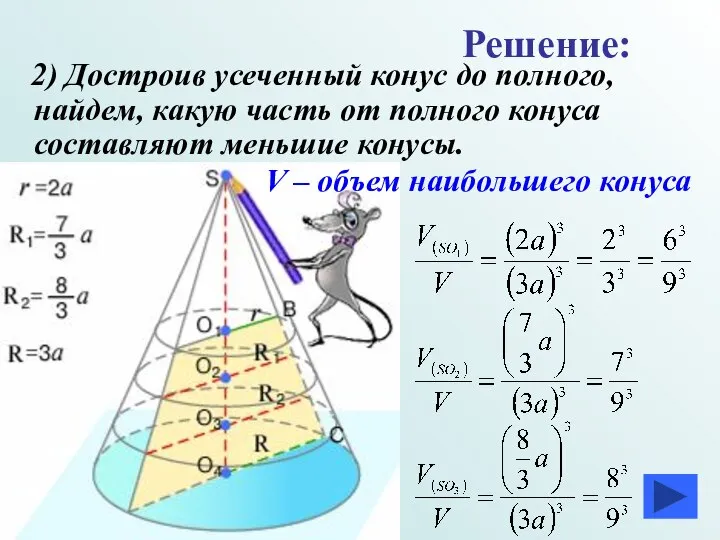 2) Достроив усеченный конус до полного, найдем, какую часть от полного