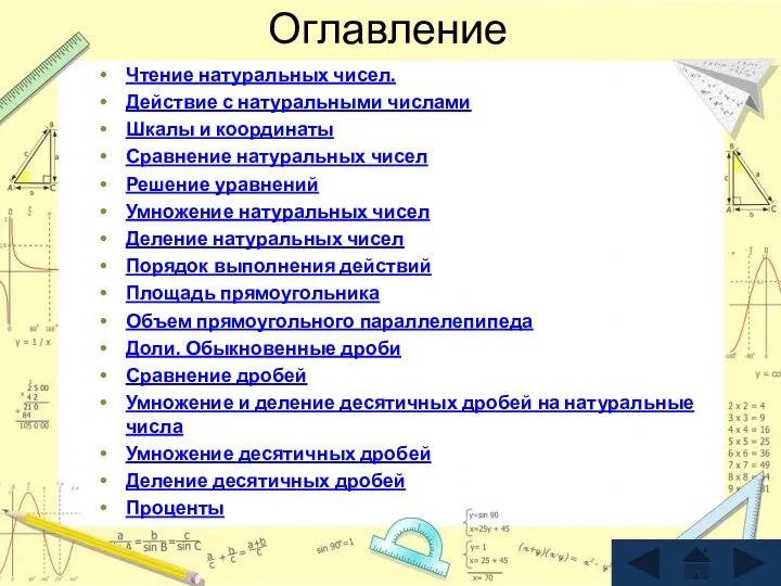 Оглавление Чтение натуральных чисел. Действие с натуральными числами Шкалы и координаты