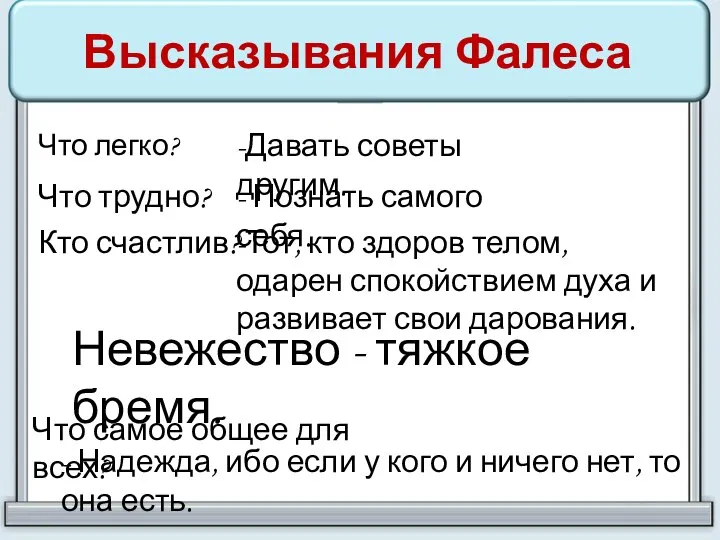 Высказывания Фалеса Что легко? -Давать советы другим. Что трудно? - Познать