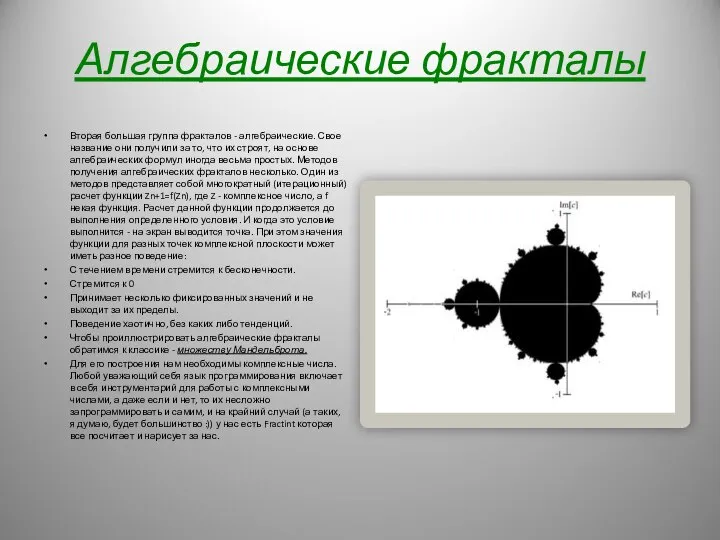 Алгебраические фракталы Вторая большая группа фракталов - алгебраические. Свое название они