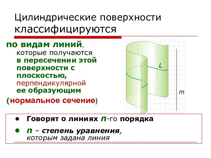 Цилиндрические поверхности классифицируются по видам линий, которые получаются в пересечении этой