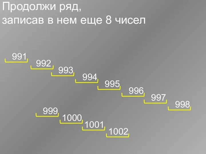 Продолжи ряд, записав в нем еще 8 чисел 991 992 993