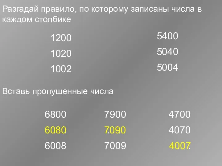 Разгадай правило, по которому записаны числа в каждом столбике Вставь пропущенные