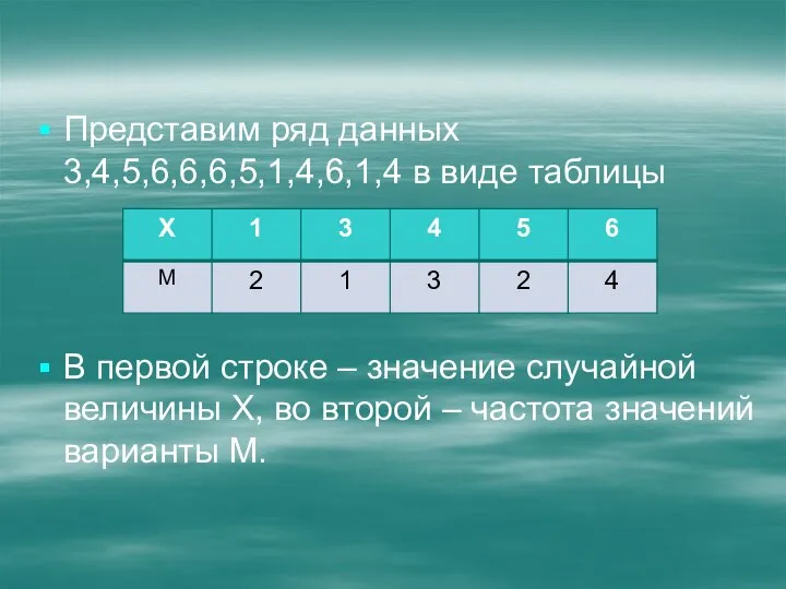 Представим ряд данных 3,4,5,6,6,6,5,1,4,6,1,4 в виде таблицы В первой строке –