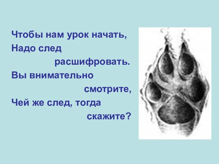 Чтобы нам урок начать, Надо след расшифровать. Вы внимательно смотрите, Чей же след, тогда скажите?