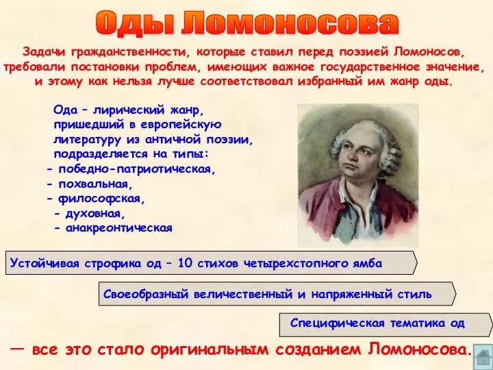 Оды Ломоносова Задачи гражданственности, которые ставил перед поэзией Ломоносов, требовали постановки