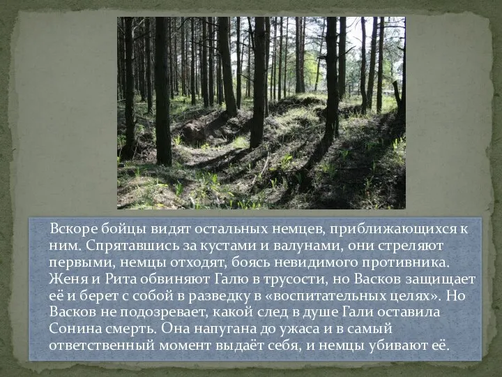 Вскоре бойцы видят остальных немцев, приближающихся к ним. Спрятавшись за кустами