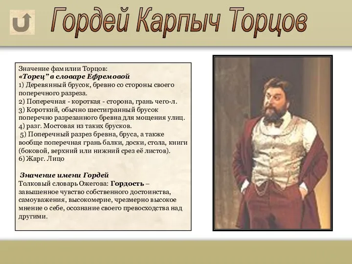 Гордей Карпыч Торцов Значение фамилии Торцов: «Торец” в словаре Ефремовой 1)