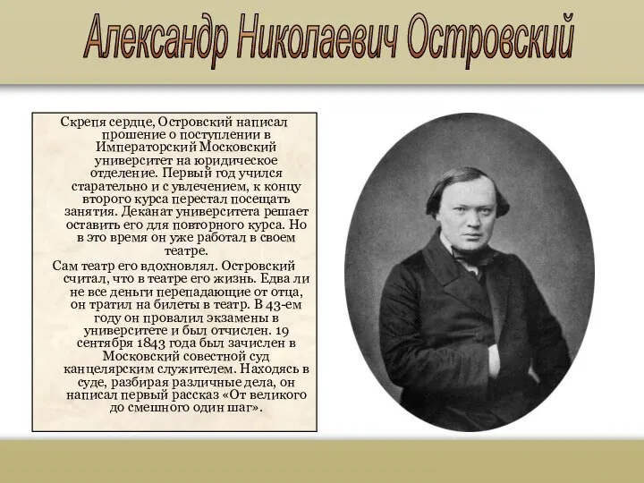 Александр Николаевич Островский Скрепя сердце, Островский написал прошение о поступлении в